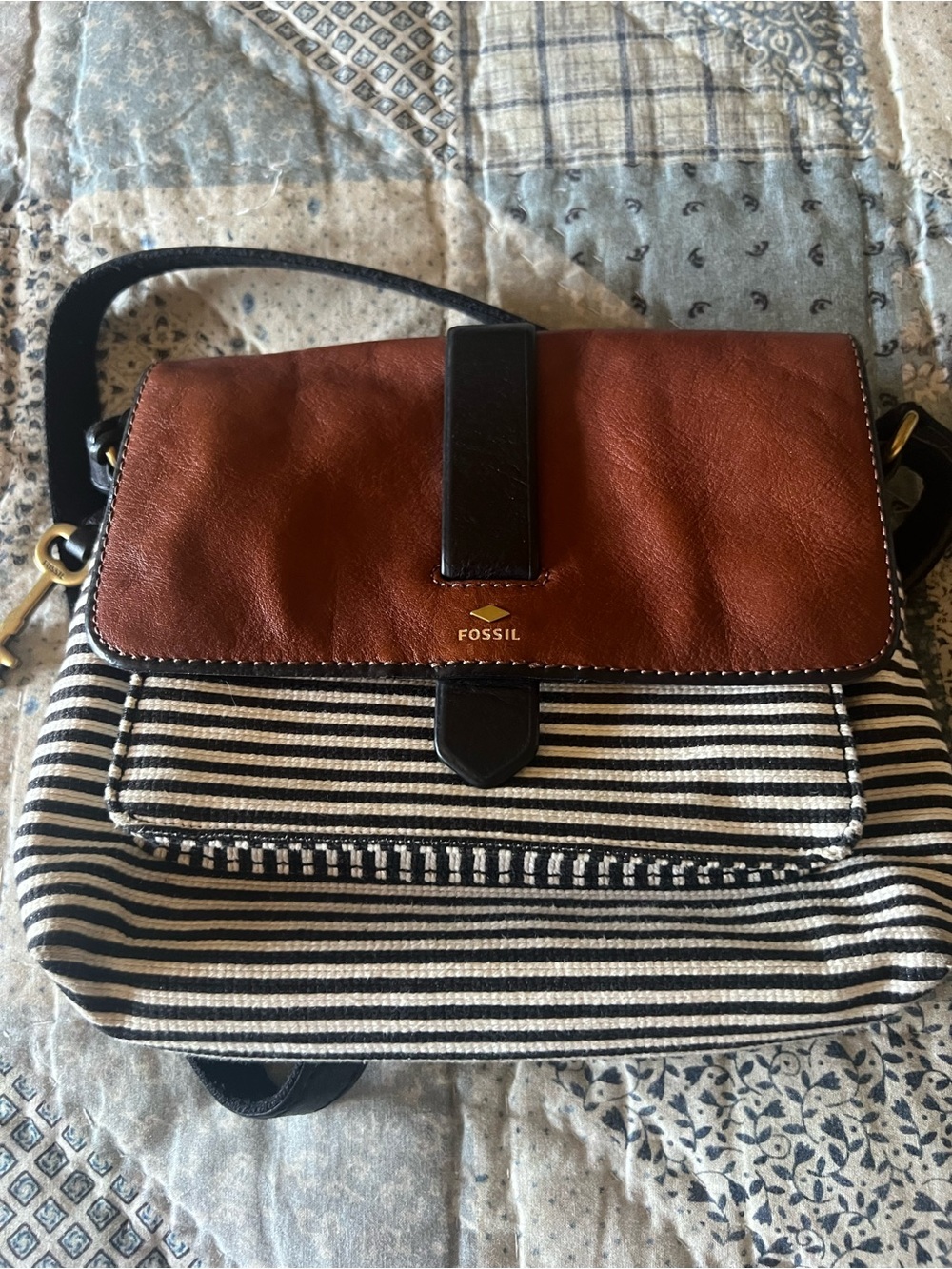 Fossil Brown Leather & Black-White Striped Canvas Crossbody Bag